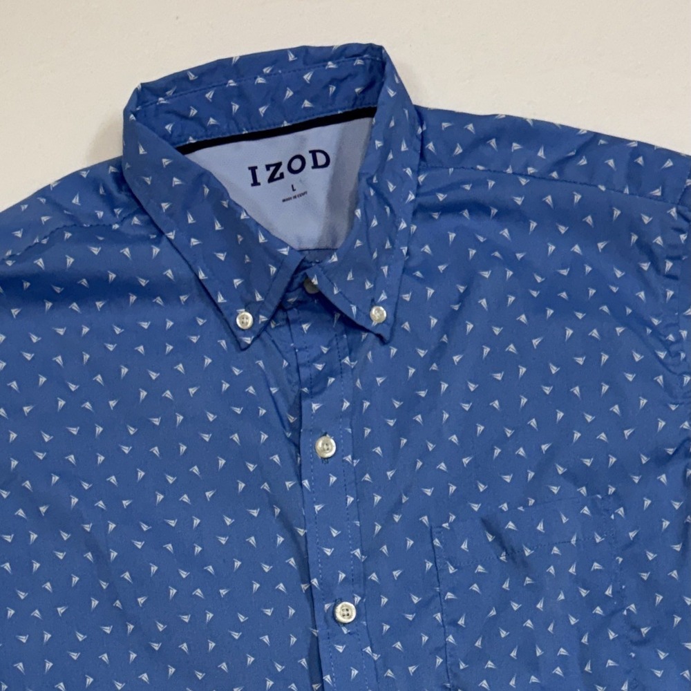 IZOD Saltwater Button Front Shirt Men L Blue Sailboat Print Short Sleeve Coastal
